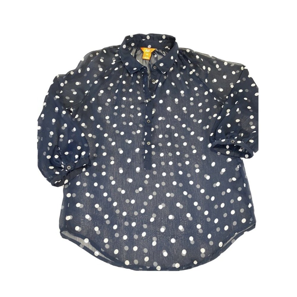 JOE FRESH Women's Sheer Navy Polka dot Small Half Button Down Collar 3/4 Sleeves